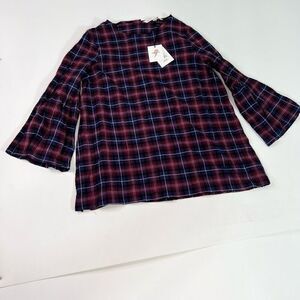 The Nines by Hatch Blouse Womens Medium Blue & Red Plaid Button-Back Bell Sleeve
